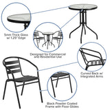 English Elm Commercial Grade 23.75'' Round Glass Metal Table with 2 Metal Aluminum Slat Stack Chairs