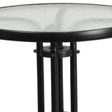 English Elm Commercial Grade 23.75'' Round Glass Metal Table with 2 Metal Aluminum Slat Stack Chairs