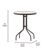 English Elm Commercial Grade 23.75'' Round Glass Top Metal Table with 2 Aluminum Slat Stack Chairs