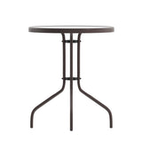 English Elm Commercial Grade 23.75'' Round Glass Top Metal Table with 2 Aluminum Slat Stack Chairs