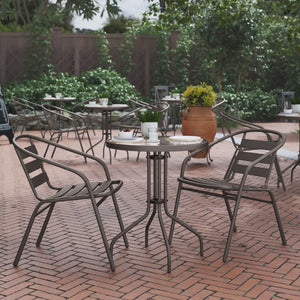 English Elm Commercial Grade 23.75'' Round Glass Top Metal Table with 2 Aluminum Slat Stack Chairs