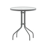 English Elm Commercial Grade 23.75'' Round Glass Top Metal Table with 2 Aluminum Slat Stack Chairs