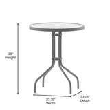 English Elm Commercial Grade 23.75'' Round Glass Top Metal Table with 2 Aluminum Slat Stack Chairs