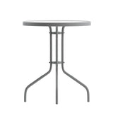 English Elm Commercial Grade 23.75'' Round Glass Top Metal Table with 2 Aluminum Slat Stack Chairs