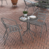 English Elm Commercial Grade 23.75'' Round Glass Top Metal Table with 2 Aluminum Slat Stack Chairs