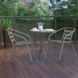 English Elm Commercial Grade 23.75'' Round Glass Top Metal Table with 2 Aluminum Slat Stack Chairs