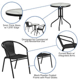 English Elm Commercial Grade 23.75'' Round Glass Metal Table with 2 Rattan Stack Chairs