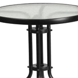 English Elm Commercial Grade 23.75'' Round Glass Metal Table with 2 Rattan Stack Chairs