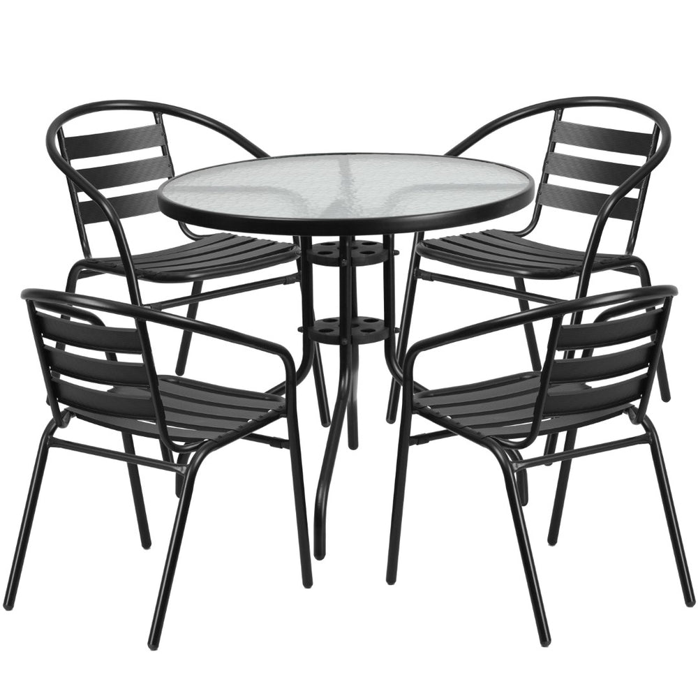 English Elm Commercial Grade 31.5'' Round Glass Metal Table with 4 Metal Aluminum Slat Stack Chairs