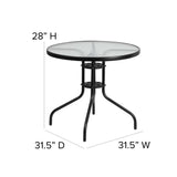 English Elm Commercial Grade 31.5'' Round Glass Metal Table with 4 Metal Aluminum Slat Stack Chairs