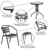 English Elm Commercial Grade 31.5'' Round Glass Metal Table with 4 Metal Aluminum Slat Stack Chairs