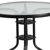 English Elm Commercial Grade 31.5'' Round Glass Metal Table with 4 Metal Aluminum Slat Stack Chairs