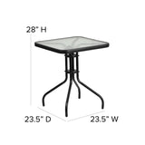 English Elm Commercial Grade 23.5'' Square Glass Metal Table with 2 Metal Aluminum Slat Stack Chairs