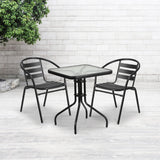 English Elm Commercial Grade 23.5'' Square Glass Metal Table with 2 Metal Aluminum Slat Stack Chairs