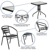 English Elm Commercial Grade 23.5'' Square Glass Metal Table with 2 Metal Aluminum Slat Stack Chairs