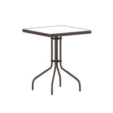 English Elm Commercial Grade 23.5'' Square Glass Top Metal Table with 2 Aluminum Slat Stack Chairs