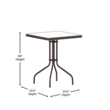 English Elm Commercial Grade 23.5'' Square Glass Top Metal Table with 2 Aluminum Slat Stack Chairs