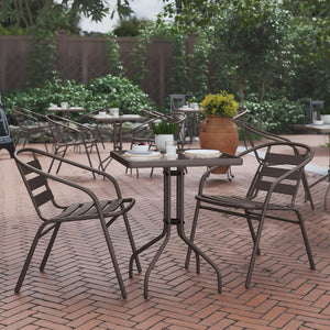 English Elm Commercial Grade 23.5'' Square Glass Top Metal Table with 2 Aluminum Slat Stack Chairs