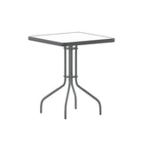 English Elm Commercial Grade 23.5'' Square Glass Top Metal Table with 2 Aluminum Slat Stack Chairs