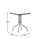 English Elm Commercial Grade 23.5'' Square Glass Top Metal Table with 2 Aluminum Slat Stack Chairs