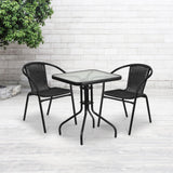 English Elm Commercial Grade 23.5'' Square Glass Metal Table with 2 Rattan Stack Chairs