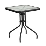 English Elm Commercial Grade 23.5'' Square Glass Metal Table with 2 Rattan Stack Chairs