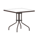 English Elm Commercial Grade 31.5'' Square Glass Top Metal Table with 4 Aluminum Slat Stack Chairs