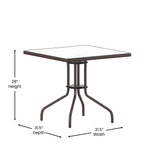 English Elm Commercial Grade 31.5'' Square Glass Top Metal Table with 4 Aluminum Slat Stack Chairs