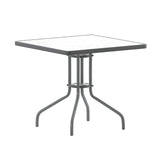 English Elm Commercial Grade 31.5'' Square Glass Top Metal Table with 4 Aluminum Slat Stack Chairs