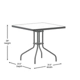 English Elm Commercial Grade 31.5'' Square Glass Top Metal Table with 4 Aluminum Slat Stack Chairs