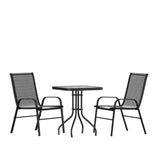 English Elm Commercial Grade 3 Piece Outdoor Patio Dining Set - 23.5" Square Tempered Glass Patio Table, 2 Flex Comfort Stack Chairs