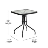 English Elm Commercial Grade 3 Piece Outdoor Patio Dining Set - 23.5" Square Tempered Glass Patio Table, 2 Flex Comfort Stack Chairs