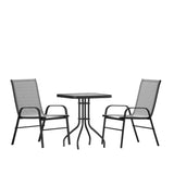 English Elm Commercial Grade 3 Piece Outdoor Patio Dining Set - 23.5" Square Tempered Glass Patio Table, 2 Flex Comfort Stack Chairs