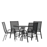 English Elm Commercial Grade 5 Piece Outdoor Patio Dining Set - 31.5" Square Tempered Glass Patio Table, 4 Flex Comfort Stack Chairs