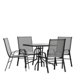 English Elm Commercial Grade 5 Piece Outdoor Patio Dining Set - 31.5" Square Tempered Glass Patio Table, 4 Flex Comfort Stack Chairs