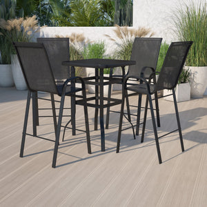 English Elm Commercial Grade Outdoor Dining Set - 4-Person Bistro Set - Outdoor Glass Bar Table with All-Weather Patio Stools