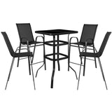 English Elm Commercial Grade Outdoor Dining Set - 4-Person Bistro Set - Outdoor Glass Bar Table with All-Weather Patio Stools