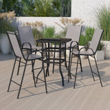 English Elm Commercial Grade Outdoor Dining Set - 4-Person Bistro Set - Outdoor Glass Bar Table with All-Weather Patio Stools