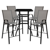 English Elm Commercial Grade Outdoor Dining Set - 4-Person Bistro Set - Outdoor Glass Bar Table with All-Weather Patio Stools