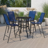 English Elm Commercial Grade Outdoor Dining Set - 4-Person Bistro Set - Outdoor Glass Bar Table with All-Weather Patio Stools