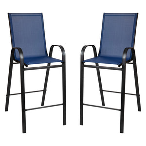 English Elm Commercial Grade Outdoor Dining Set - 2-Person Bistro Set - Outdoor Glass Bar Table with All-Weather Patio Stools