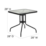 English Elm Commercial Grade 28'' Square Tempered Glass Metal Table with Rattan Edging