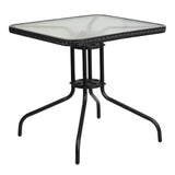 English Elm Commercial Grade 28'' Square Tempered Glass Metal Table with Rattan Edging