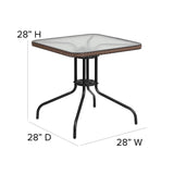 English Elm Commercial Grade 28'' Square Tempered Glass Metal Table with Dark Rattan Edging