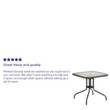 English Elm Commercial Grade 28'' Square Tempered Glass Metal Table with Dark Rattan Edging