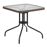 English Elm Commercial Grade 28'' Square Tempered Glass Metal Table with Dark Rattan Edging