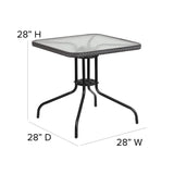 English Elm Commercial Grade 28'' Square Tempered Glass Metal Table with Rattan Edging