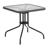 English Elm Commercial Grade 28'' Square Tempered Glass Metal Table with Rattan Edging