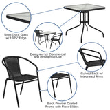 English Elm Commercial Grade 28'' Square Glass Metal Table with Rattan Edging and 2 Rattan Stack Chairs