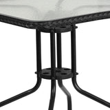 English Elm Commercial Grade 28'' Square Glass Metal Table with Rattan Edging and 2 Rattan Stack Chairs